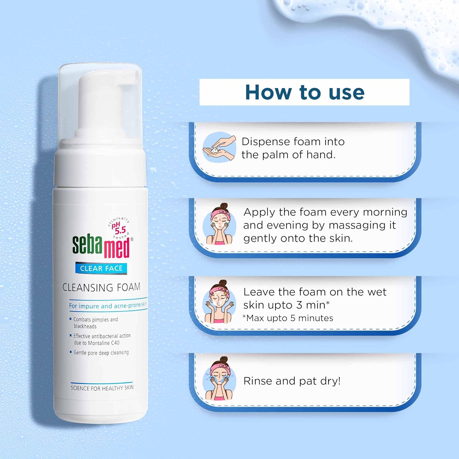 SEBAMED CLEAR FACE CLEANSING FOAM| PH 5.5 | COMBATS PIMPLES WITH MONTALINE C40 150ML