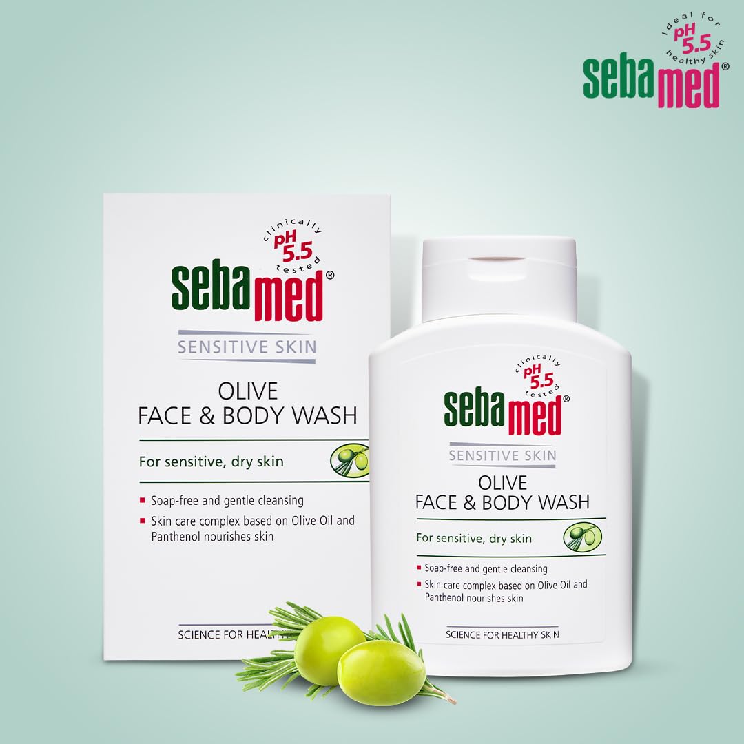 SEBAMED OLIVE FACE & BODY WASH, EXTRA MILD FOR SENSITIVE, DRY SKIN, PH5.5, SOAP FREE 200ML