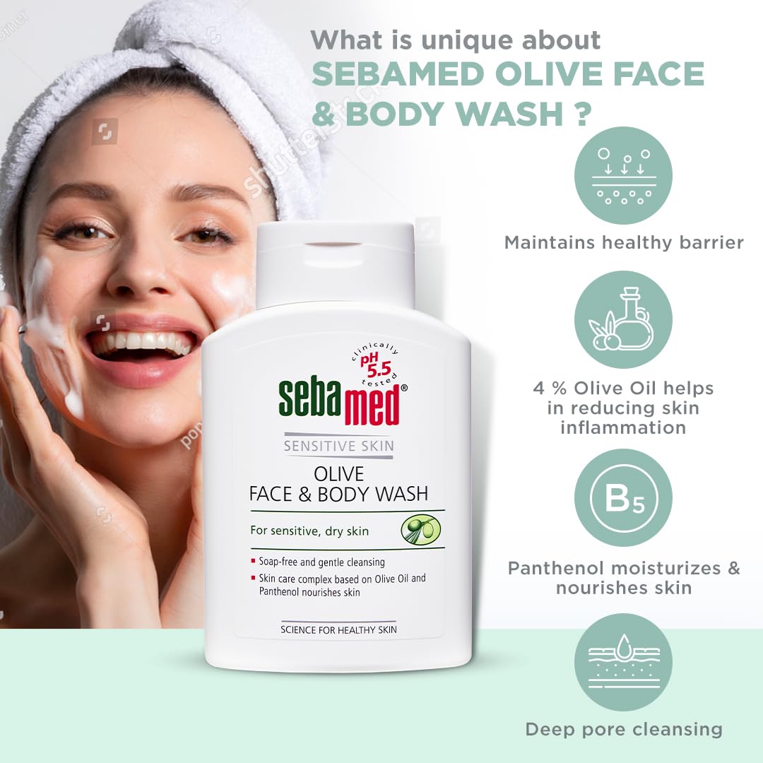 SEBAMED OLIVE FACE & BODY WASH, EXTRA MILD FOR SENSITIVE, DRY SKIN, PH5.5, SOAP FREE 200ML