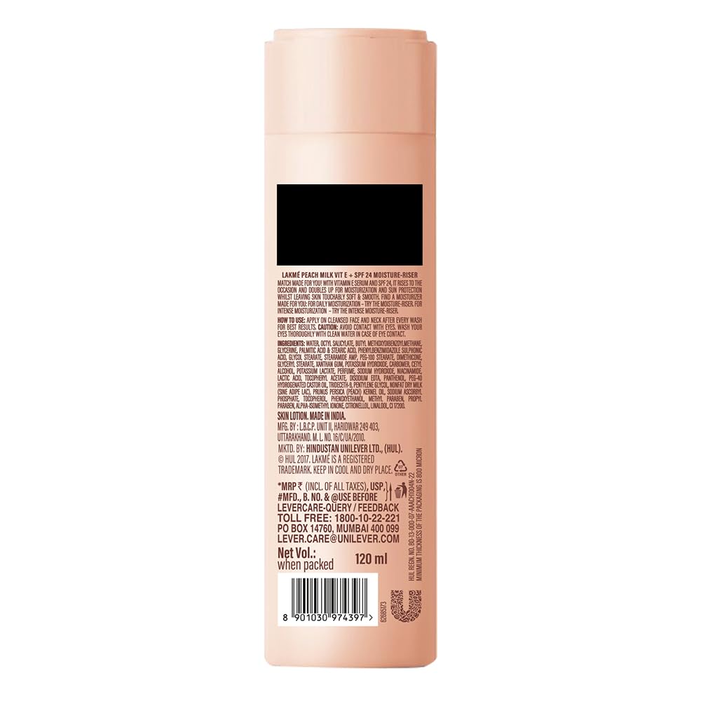 LAKME PEACH MILK CERAMIDE LOTION MOISTURIZER WITH SPF 24 & HYALURONIC FOR INTENSE MOISTURIZING 120ML