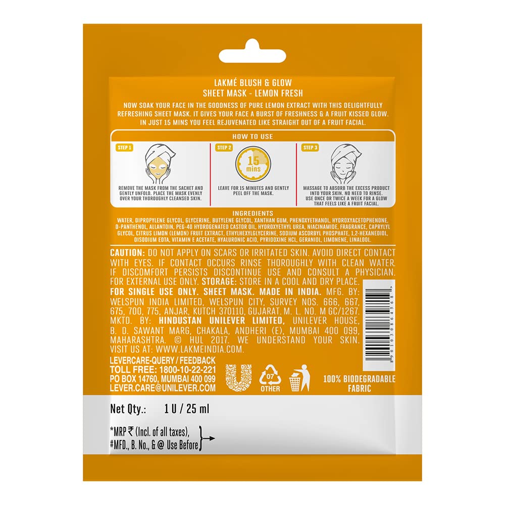 LAKME BLUSH & GLOW LEMON SHEET MASK, 25 ML