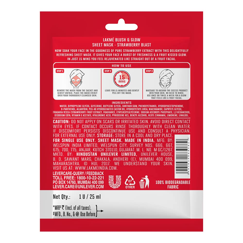LAKME BLUSH & GLOW STRAWBERRY SHEET MASK, 25 ML