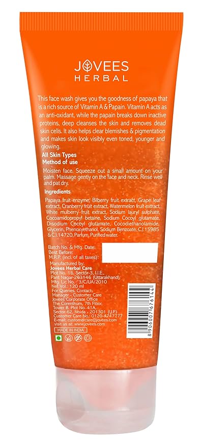 JOVEES HERBAL PAPAYA FACE WASH FOR GLOWING AND CLEAR SKIN WITH PAPAYA & BILBERRY FRUIT EXT-120ML
