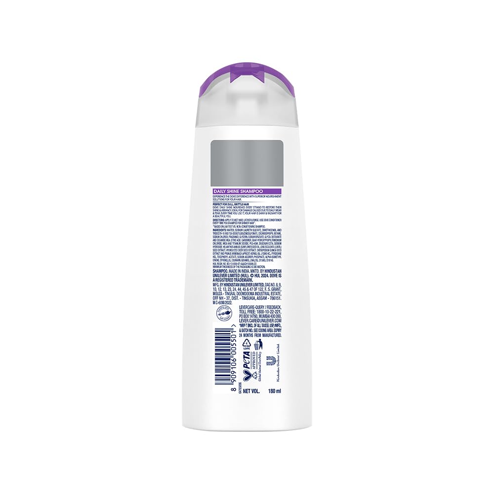 DOVE DAILY SHINE SHAMPOO - FOR DULL AND FRIZZY HAIR, MAKES HAIR SOFT, SHINY AND SMOOTH, 180 ML