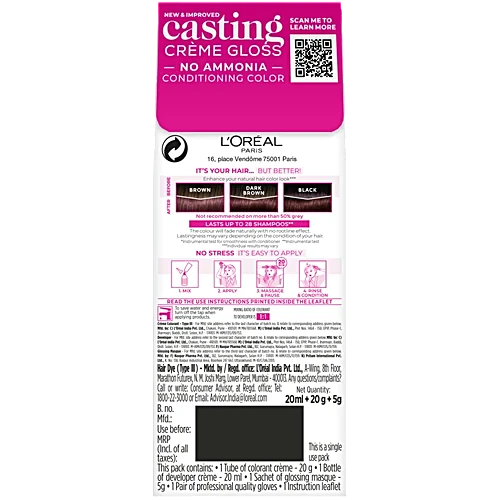 L'OREAL PARIS CASTING CRÈME GLOSS SMALL PACK, 400 DARK BROWN, 45ML HAIR COLOUR