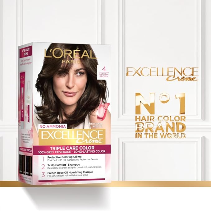 L'OREAL PARIS EXCELLENCE CREME HAIR COLOR, 4 NATURAL BROWN, 72ML+100G