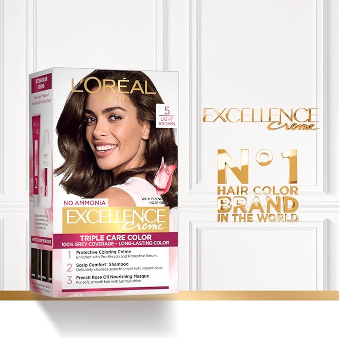 L'ORÉAL PARIS PERMANENT HAIR COLOUR, RADIANT AT-HOME HAIR COLOUR 5 LIGHT BROWN, 72ML+100G