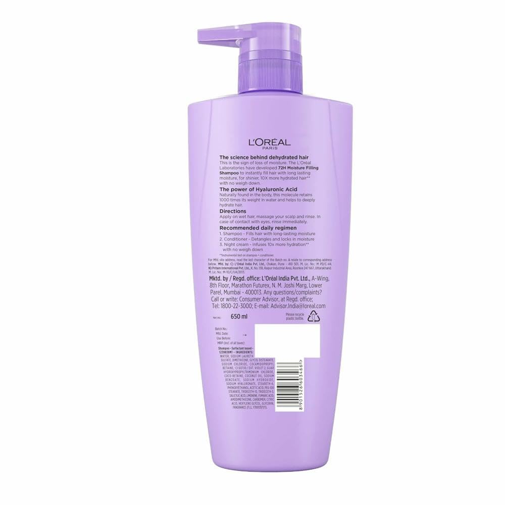 L'OREAL PARIS HYALURON MOISTURE 72HR MOISTURE FILLING SHAMPOO POWERED BY HYALURONIC ACID 650ML