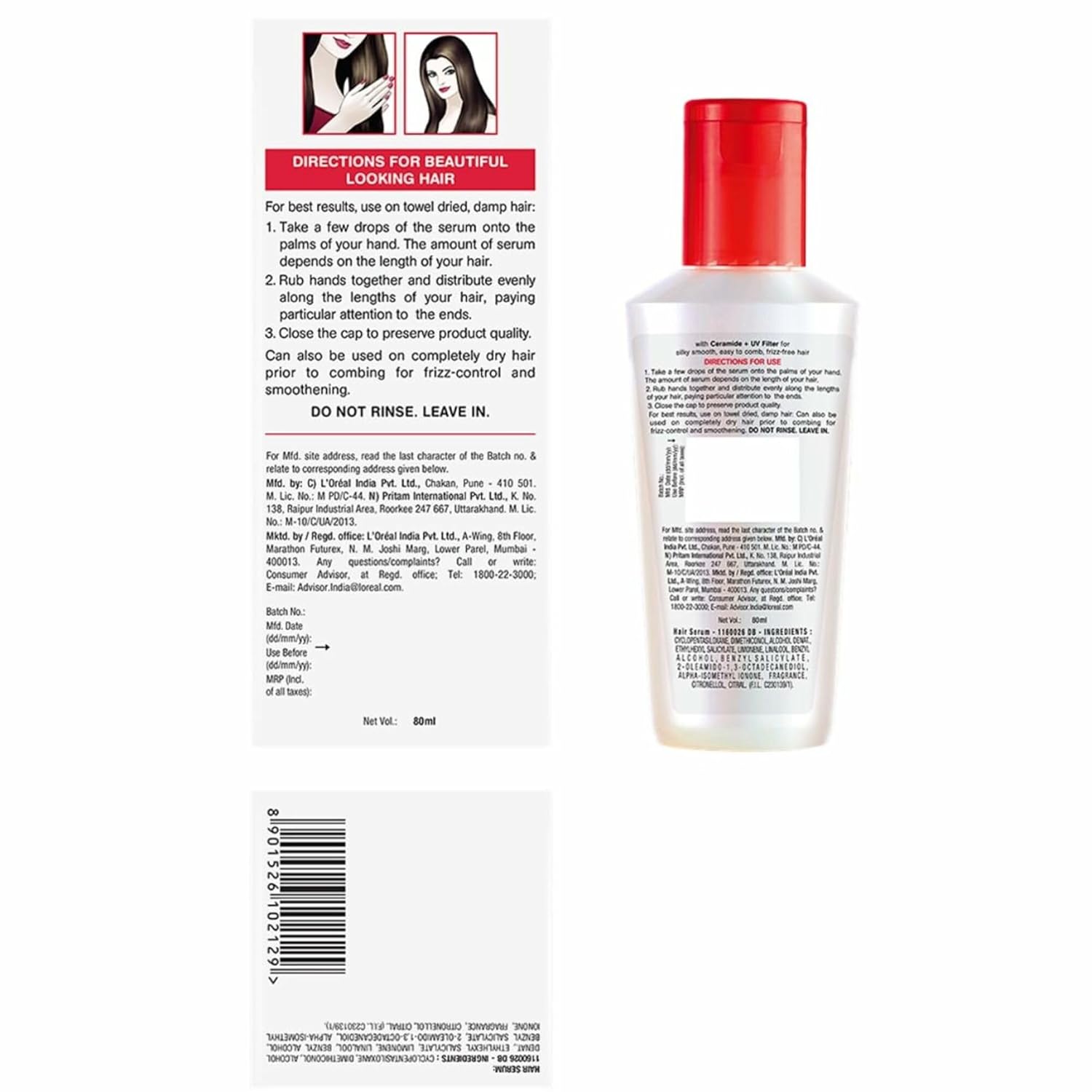L'OREAL PARIS SERUM, FOR DAMAGED AND WEAK HAIR, WITH PRO-KERATIN + CERAMIDE, TOTAL REPAIR 5, 80ML