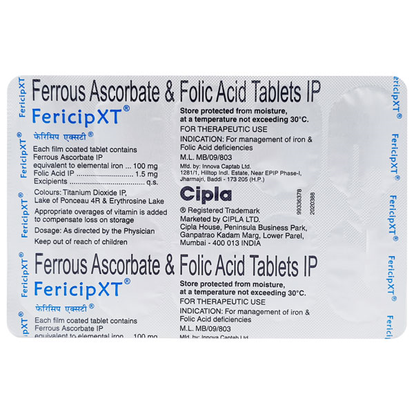 FERICIP XT TABLET WITH FERROUS ASCORBATE & FOLIC ACID