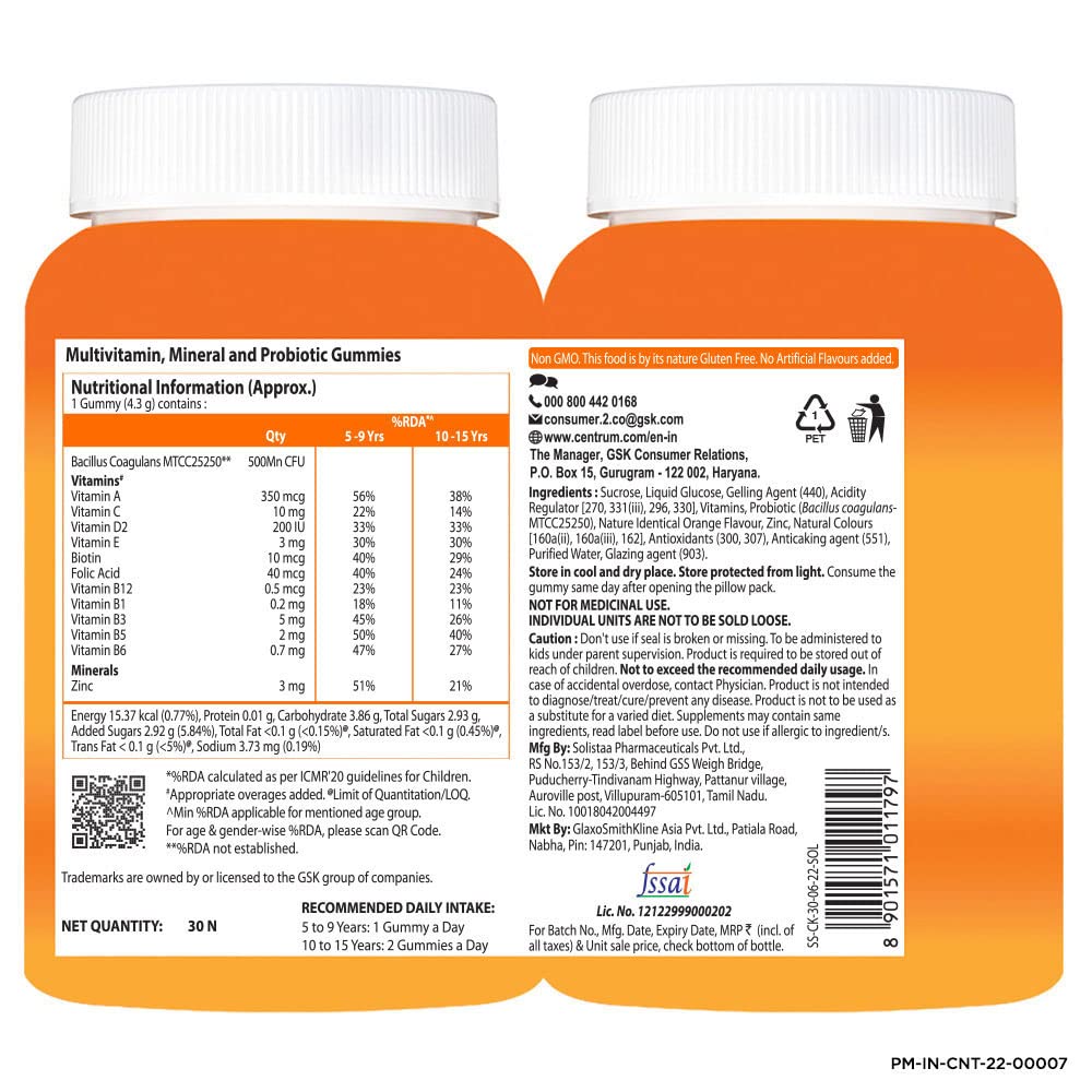 CENTRUM KIDS, WORLD'S NO.1 MULTIVITAMIN WITH PROBIOTICS, VITAMIN C & 11 OTHER NUTRIENTS
