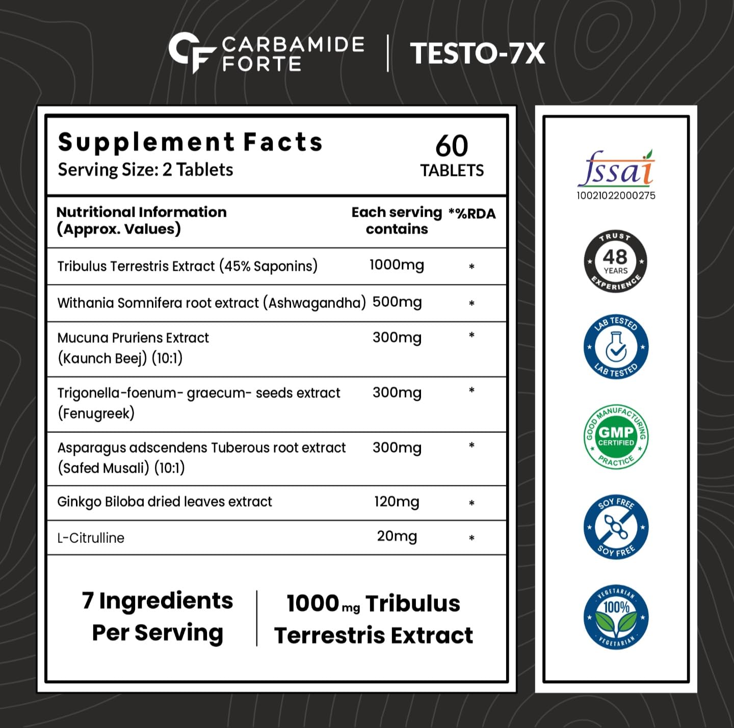 CARBAMIDE FORTE TESTOSTERONE SUPPLEMENT WITH TRIBULUS 1000MG, ASHWAGANDHA,  60 TABLETS