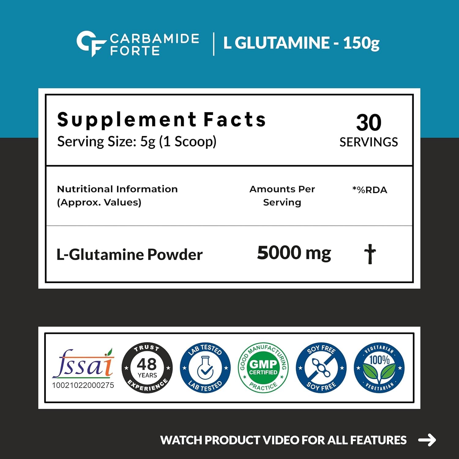CARBAMIDE FORTE  L GLUTAMINE POWDER 5000MG UNFLAVOURED - 150 GRAMS