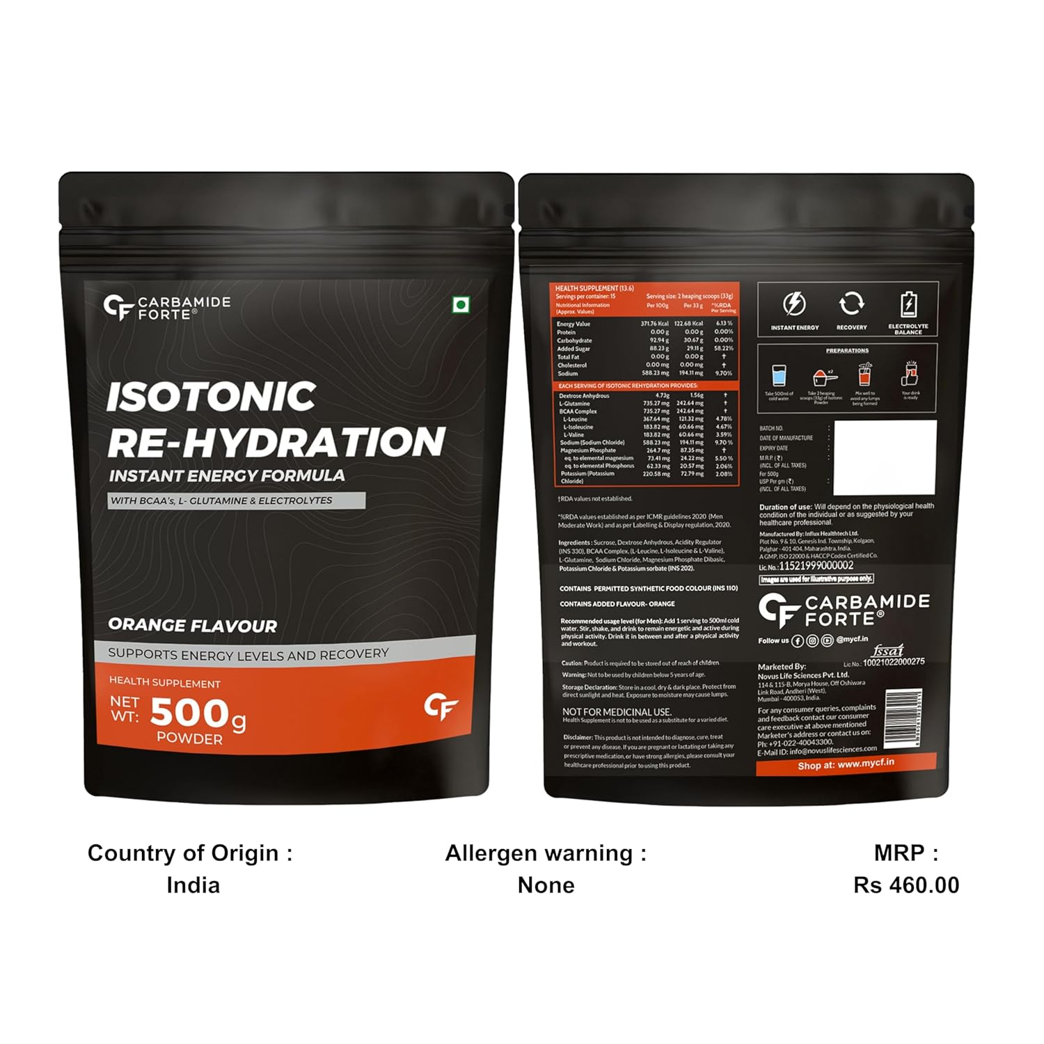 CARBAMIDE FORTE ISOTONIC POWDER | PRE WORKOUT  WITH ADDED BCAA & L GLUTAMINE - ORANGE FLAVOUR - 500G