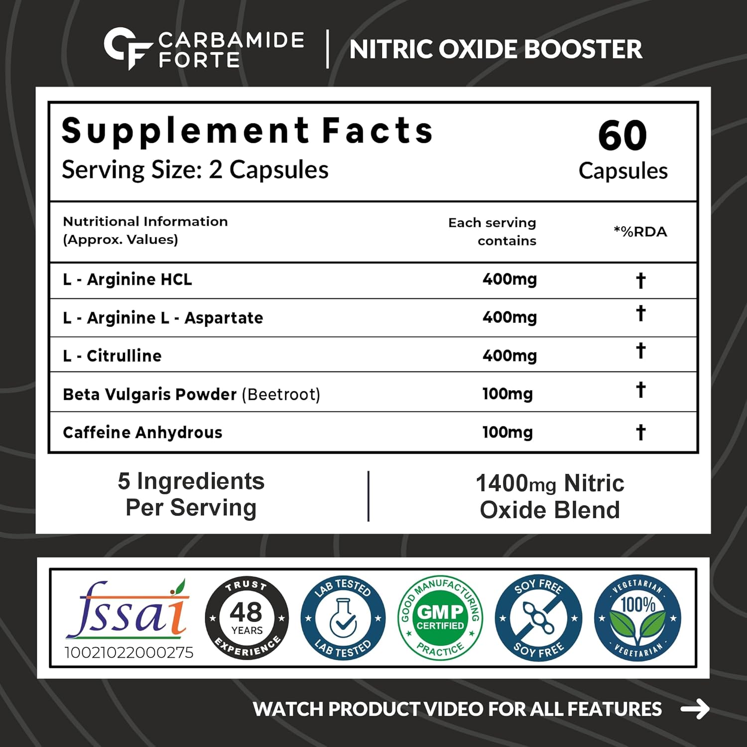 CARBAMIDE FORTE NITRIC OXIDE SUPPLEMENT FOR ADULTS 1200MG WITH L-ARGININE HCL 60 CAPSULES
