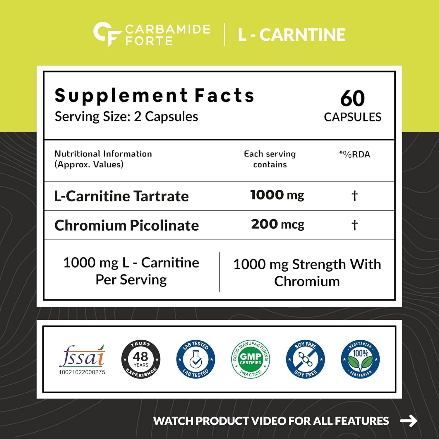 CARBAMIDE FORTE L CARNITINE  1000MG CAPSULES PRE WORKOUT SUPPLEMENT - 60 CAPSULES