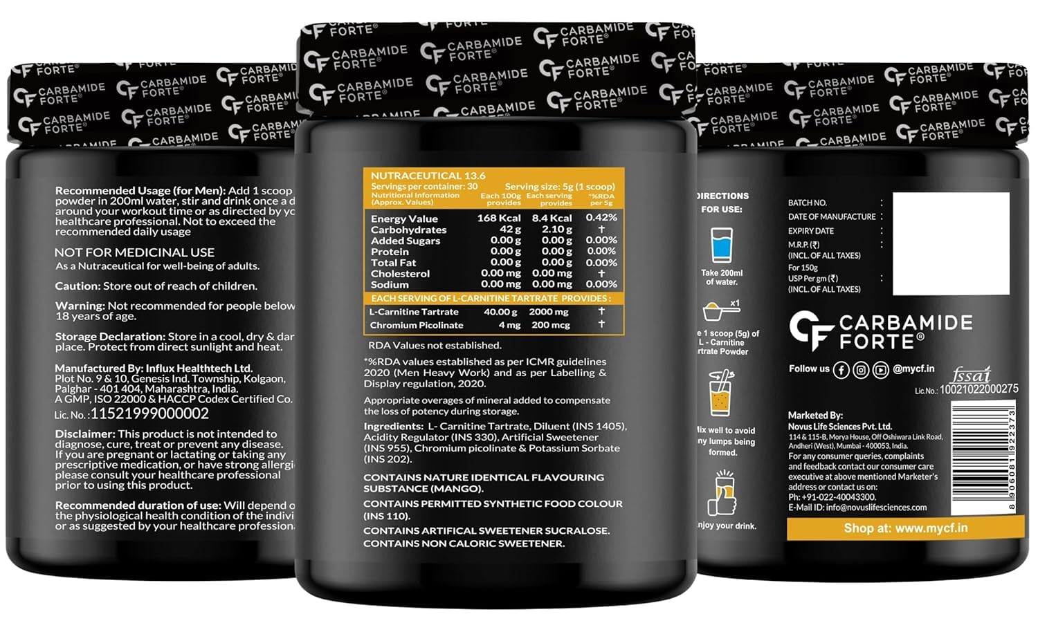 CARBAMIDE FORTE L CARNITINE POWDER L-CARNITINE L TARTRATE 2000MG PRE WORKOUT MANGO FLAVOUR 150GM