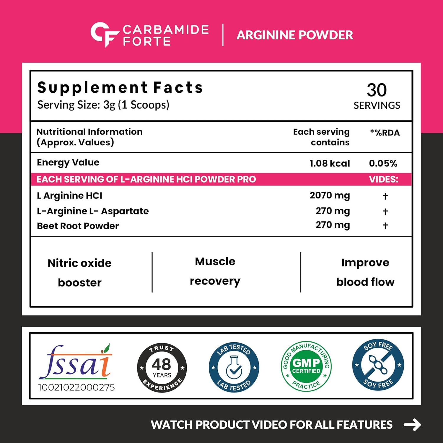 CARBAMIDE FORTE L ARGININE POWDER SUPPLEMENT 3000MG PRE-WORKOUT STRAWBERRY FLAVOUR 90GM