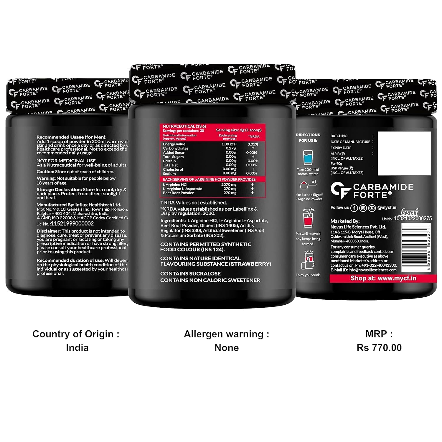 CARBAMIDE FORTE L ARGININE POWDER SUPPLEMENT 3000MG PRE-WORKOUT STRAWBERRY FLAVOUR 90GM