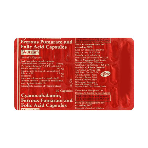 AUTRIN HEMATINIC CAPSULE WITH CYANOCOBALAMIN, IRON & FOLIC ACID