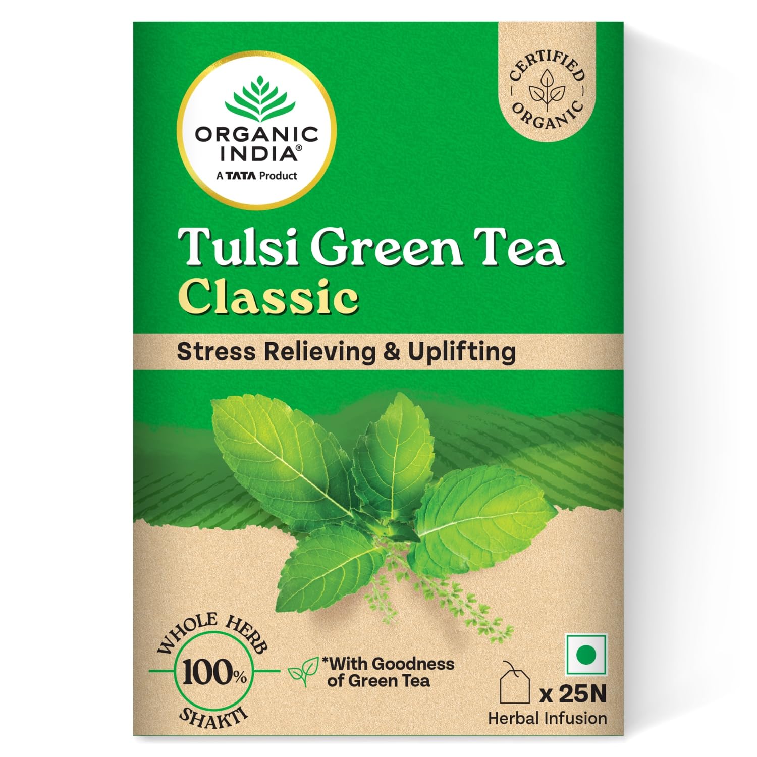 ORGANIC INDIA TULSI GREEN TEA CLASSIC- UPLIFTS MOOD, RICH IN ANTIOXIDANTS 25 TEA BAGS