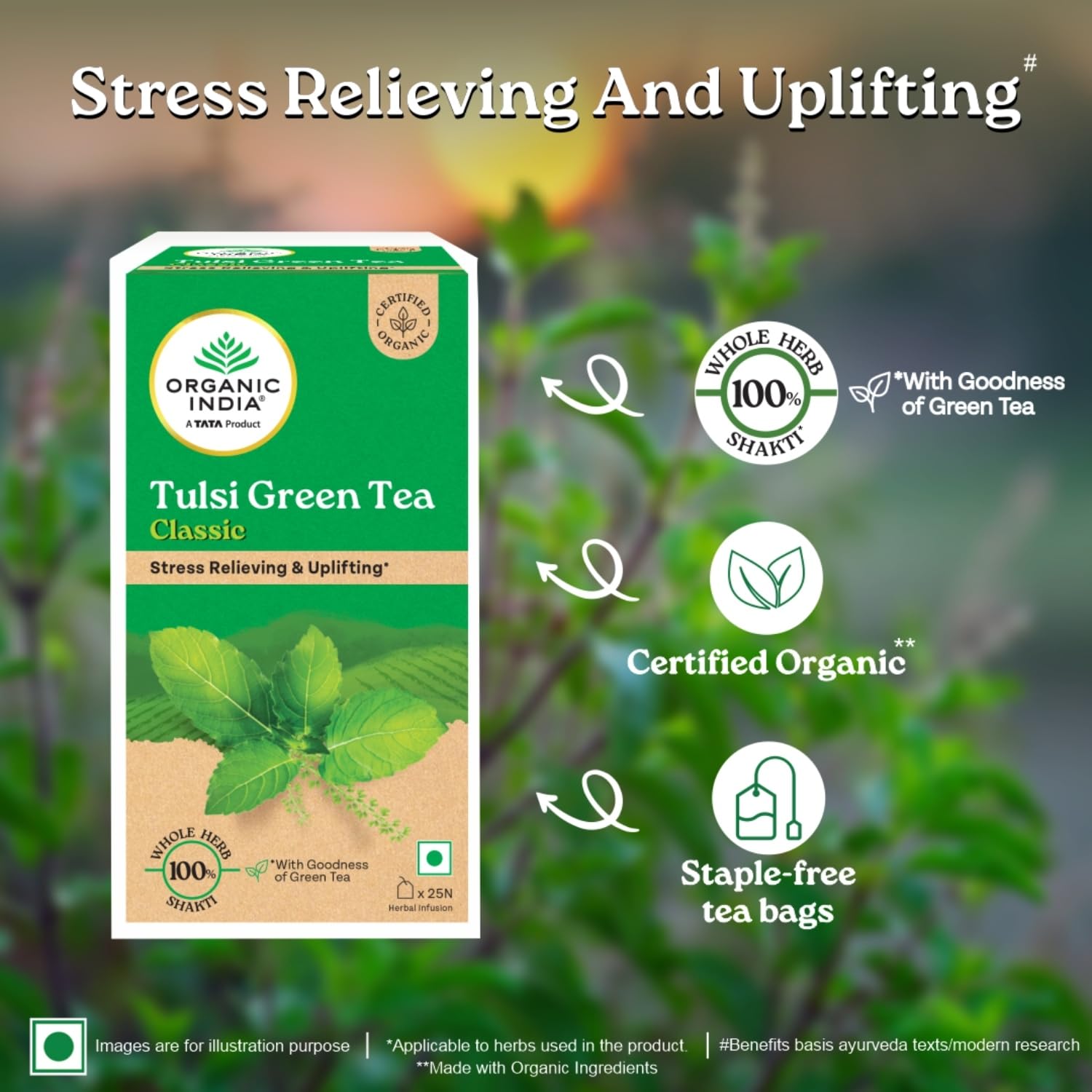 ORGANIC INDIA TULSI GREEN TEA CLASSIC- UPLIFTS MOOD, RICH IN ANTIOXIDANTS 25 TEA BAGS