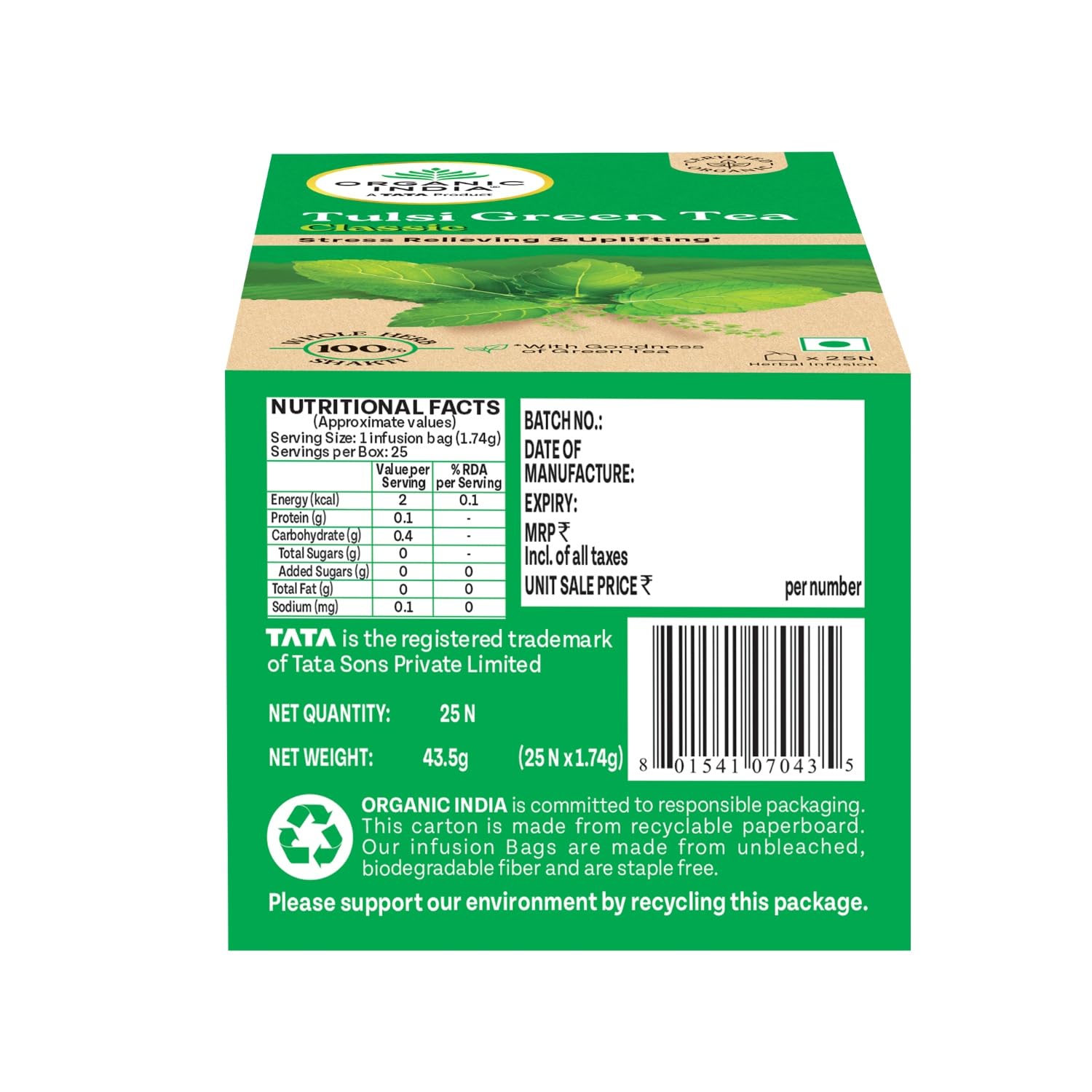 ORGANIC INDIA TULSI GREEN TEA CLASSIC- UPLIFTS MOOD, RICH IN ANTIOXIDANTS 25 TEA BAGS