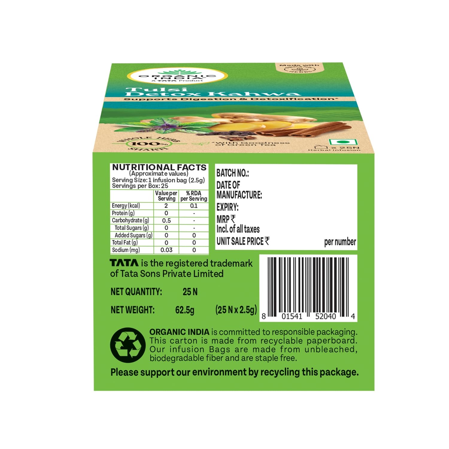 ORGANIC INDIA TULSI DETOX KAHWA CLEANSE & COLD RELIEF IMPROVE DIGESTION & DETOXIFICATION 25 TEA BAGS