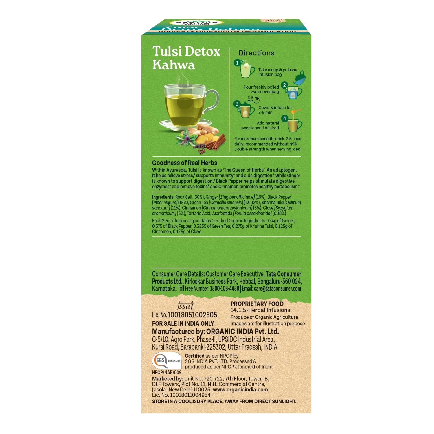 ORGANIC INDIA TULSI DETOX KAHWA CLEANSE & COLD RELIEF IMPROVE DIGESTION & DETOXIFICATION 25 TEA BAGS