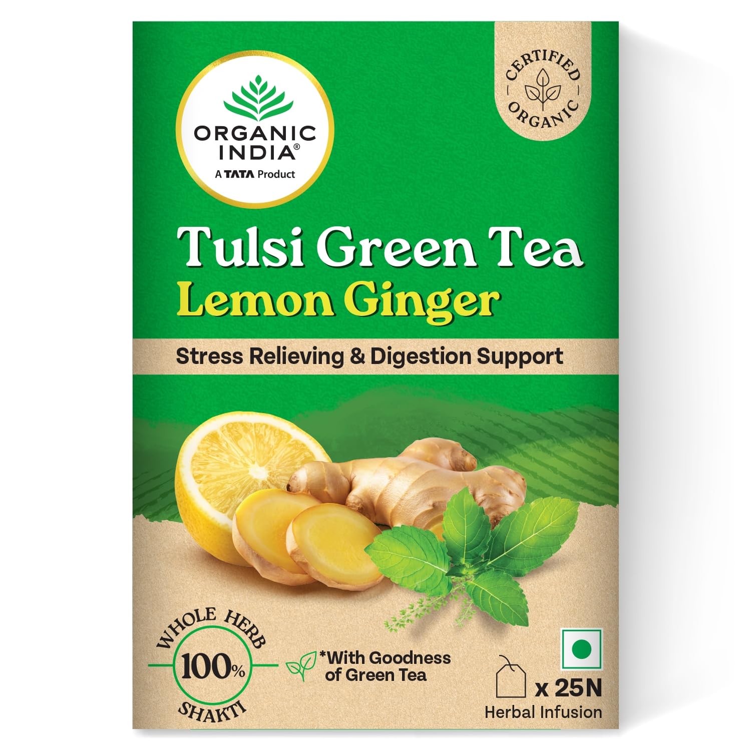 ORGANIC INDIA TULSI GREEN TEA LEMON GINGER - SUPPORTS DIGESTION, REFRESHING TASTE, 25 TEA BAGS