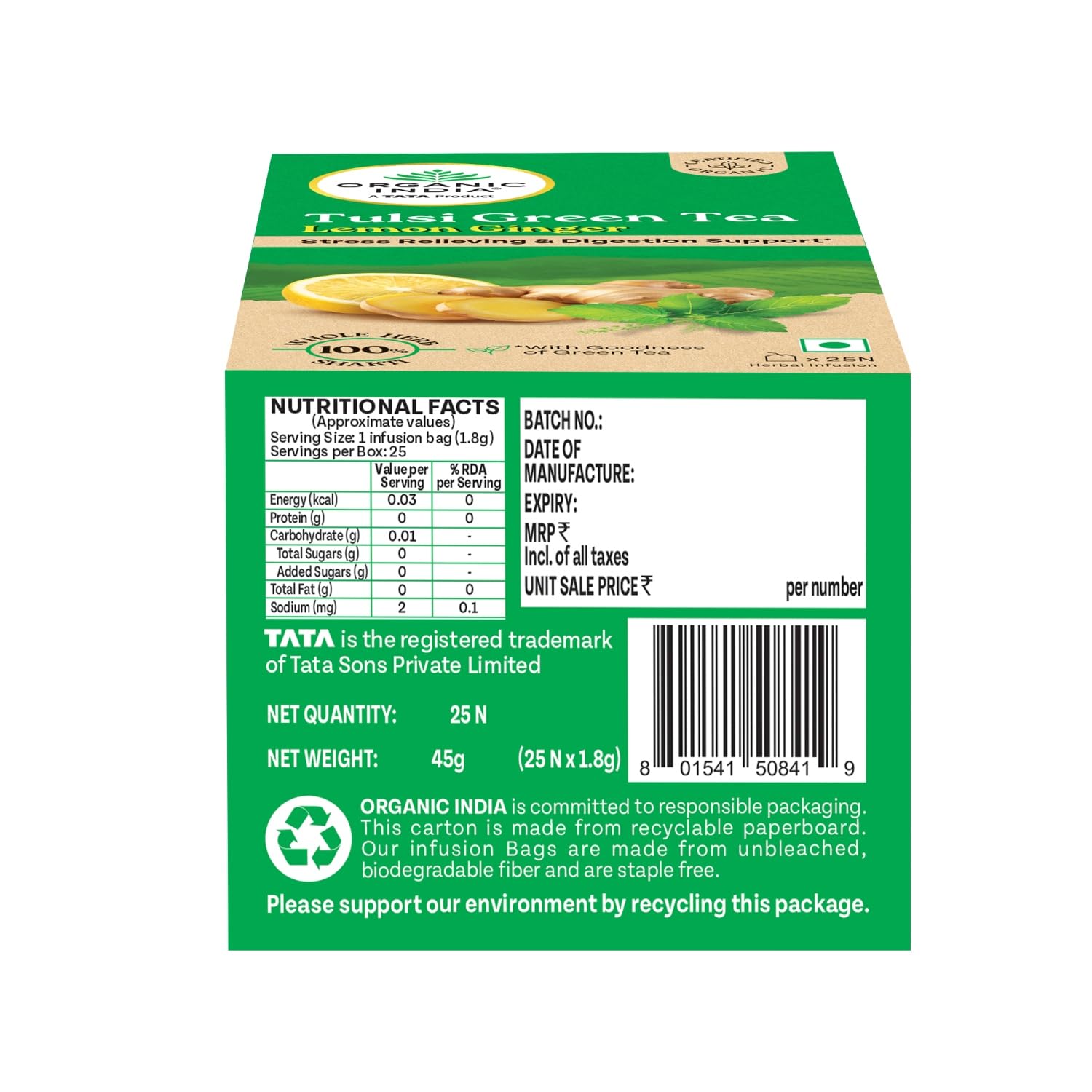 ORGANIC INDIA TULSI GREEN TEA LEMON GINGER - SUPPORTS DIGESTION, REFRESHING TASTE, 25 TEA BAGS