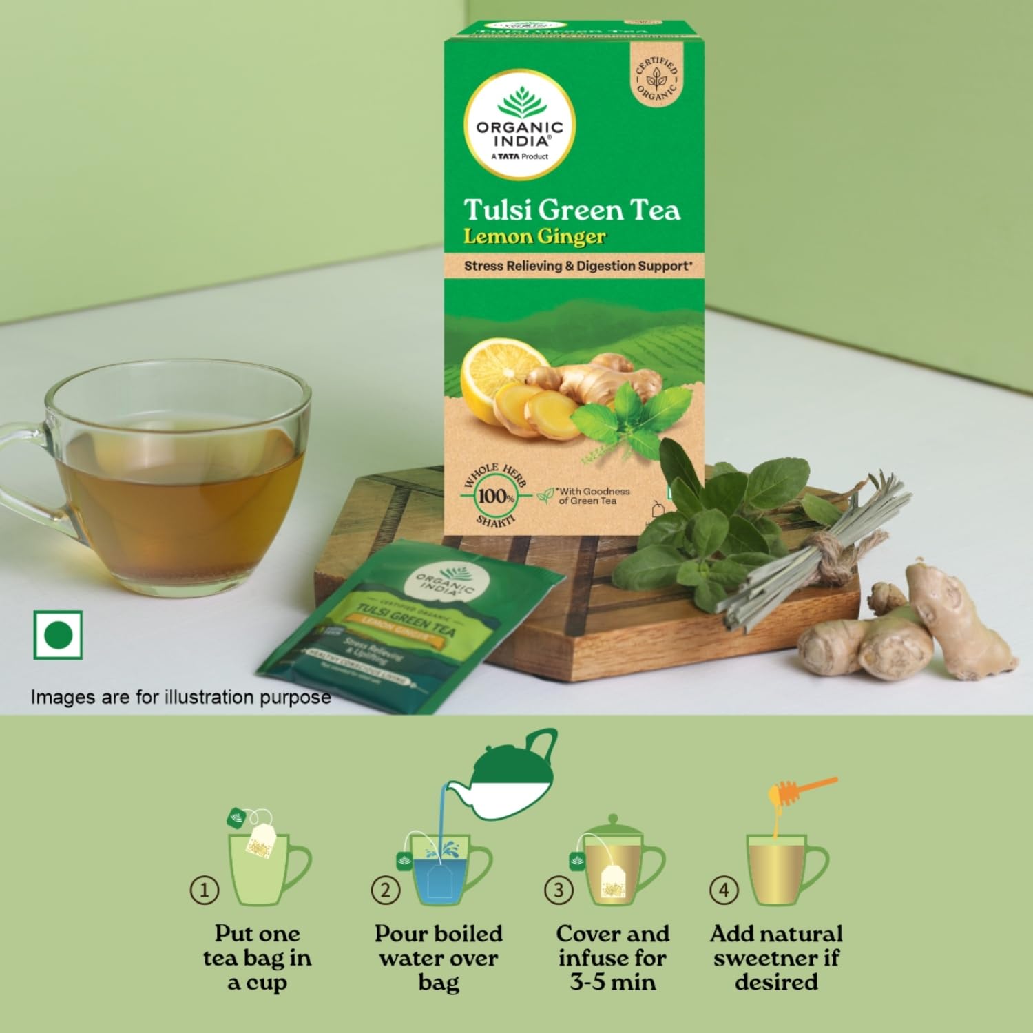 ORGANIC INDIA TULSI GREEN TEA LEMON GINGER - SUPPORTS DIGESTION, REFRESHING TASTE, 25 TEA BAGS