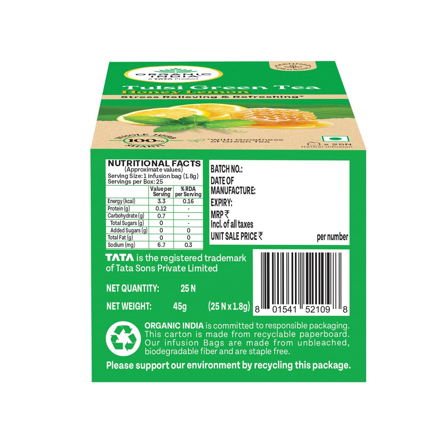 ORGANIC INDIA TULSI GREEN TEA HONEY LEMON 25 TEABAGS