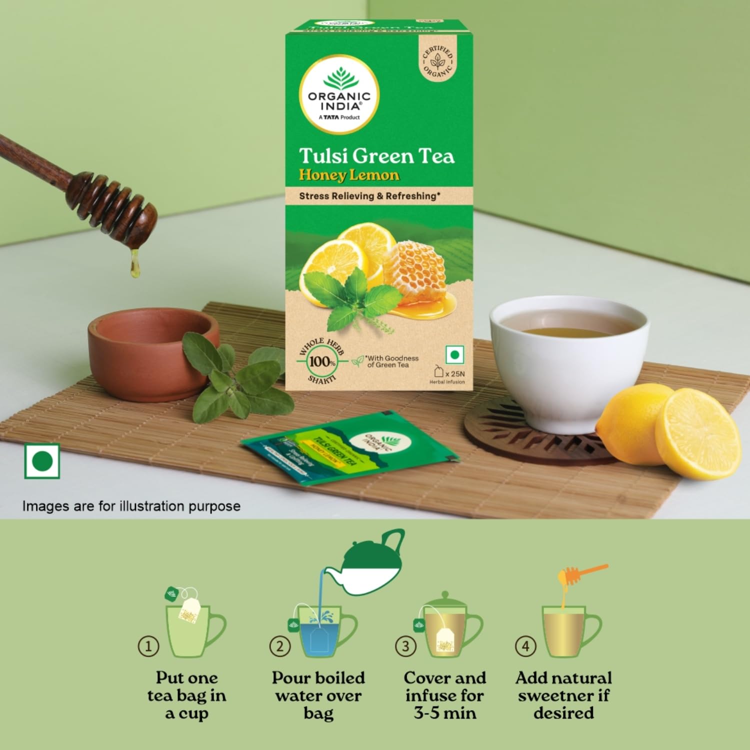ORGANIC INDIA TULSI GREEN TEA HONEY LEMON 25 TEABAGS