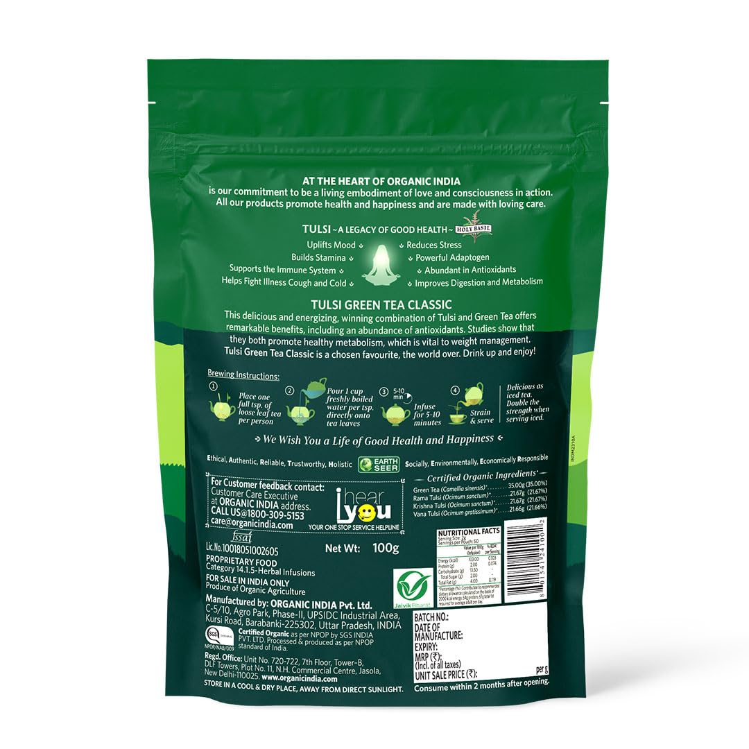 ORGANIC INDIA GREEN TEA CLASSIC WITH ZIPPER PACK 100 GM