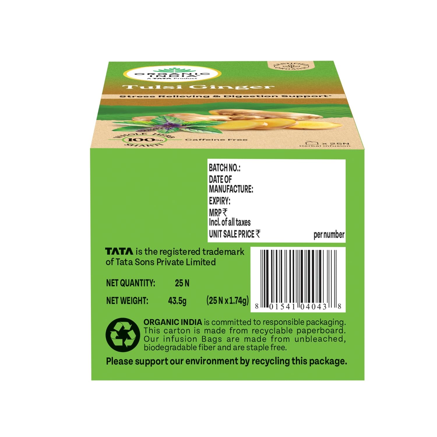 ORGANIC INDIA INFUSION TEA BAGS - TULSI GINGER, 25 BAGS