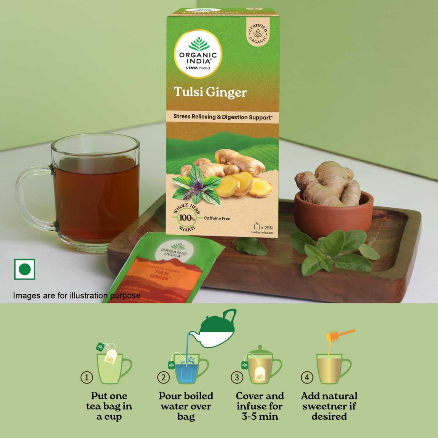 ORGANIC INDIA INFUSION TEA BAGS - TULSI GINGER, 25 BAGS