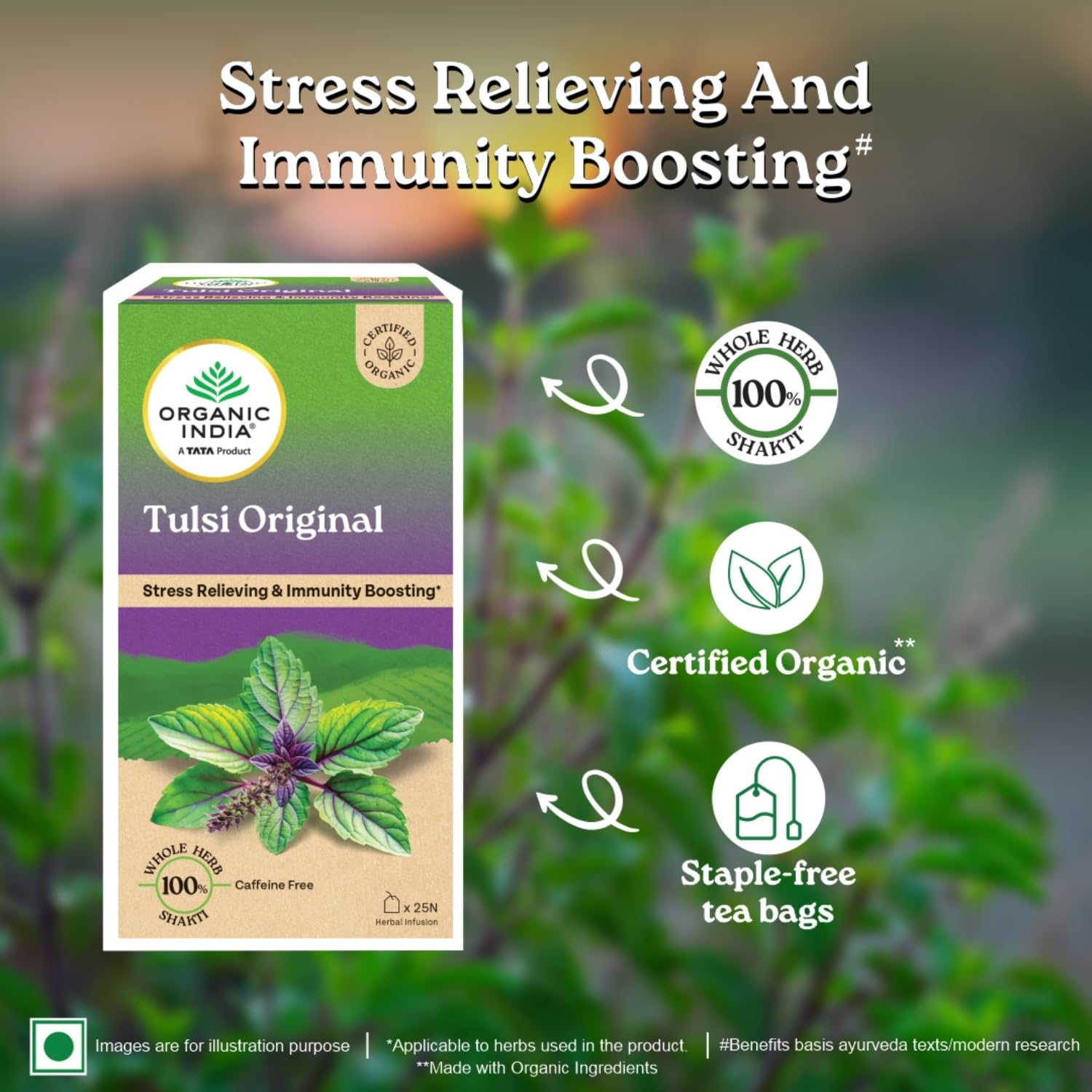 ORGANIC INDIA TULSI ORIGINAL CAFFEINE-FREE HERBAL TEA NATURAL DETOXIFIER,  25 TEA BAGS