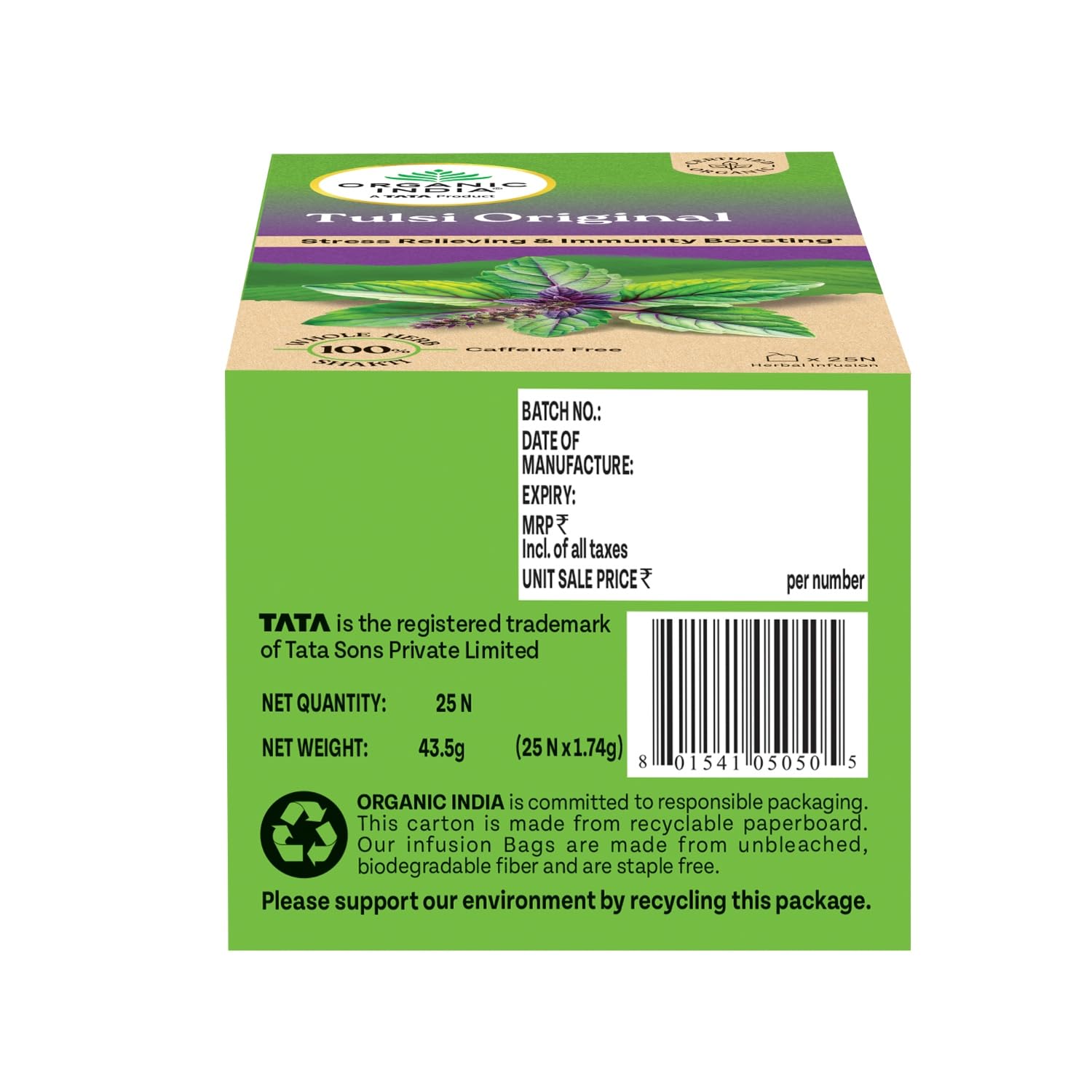ORGANIC INDIA TULSI ORIGINAL CAFFEINE-FREE HERBAL TEA NATURAL DETOXIFIER,  25 TEA BAGS