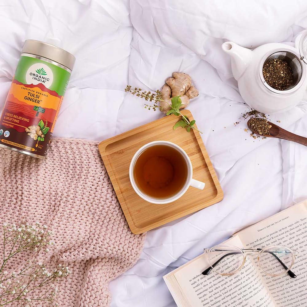 ORGANIC INDIA TULSI GINGER TEA RICH IN ANTIOXIDANTS, SUPPORTS DIGESTION, STRESS RELIEVING 100GM