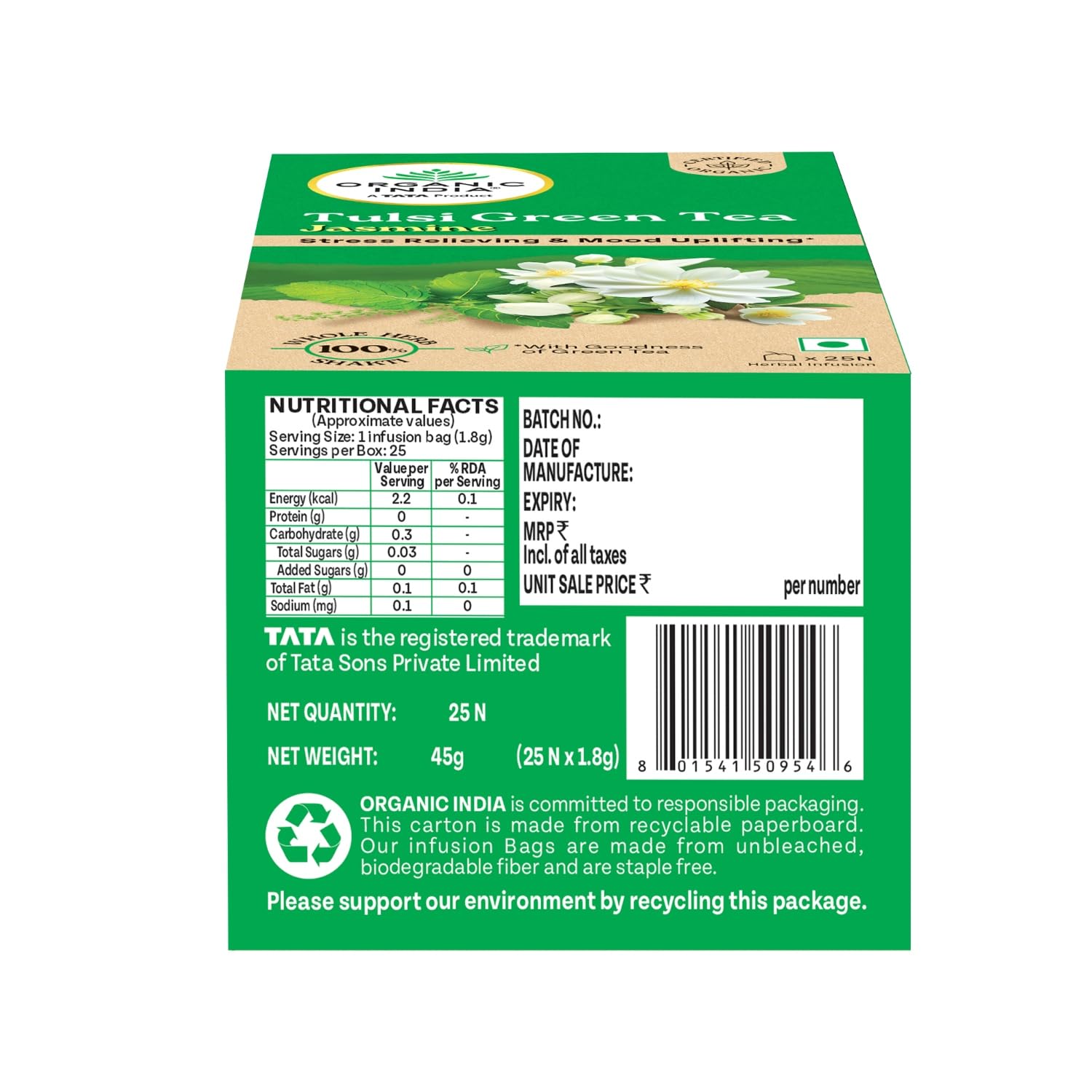 ORGANIC INDIA TULSI GREEN TEA, JASMINE, 25 TEA BAGS