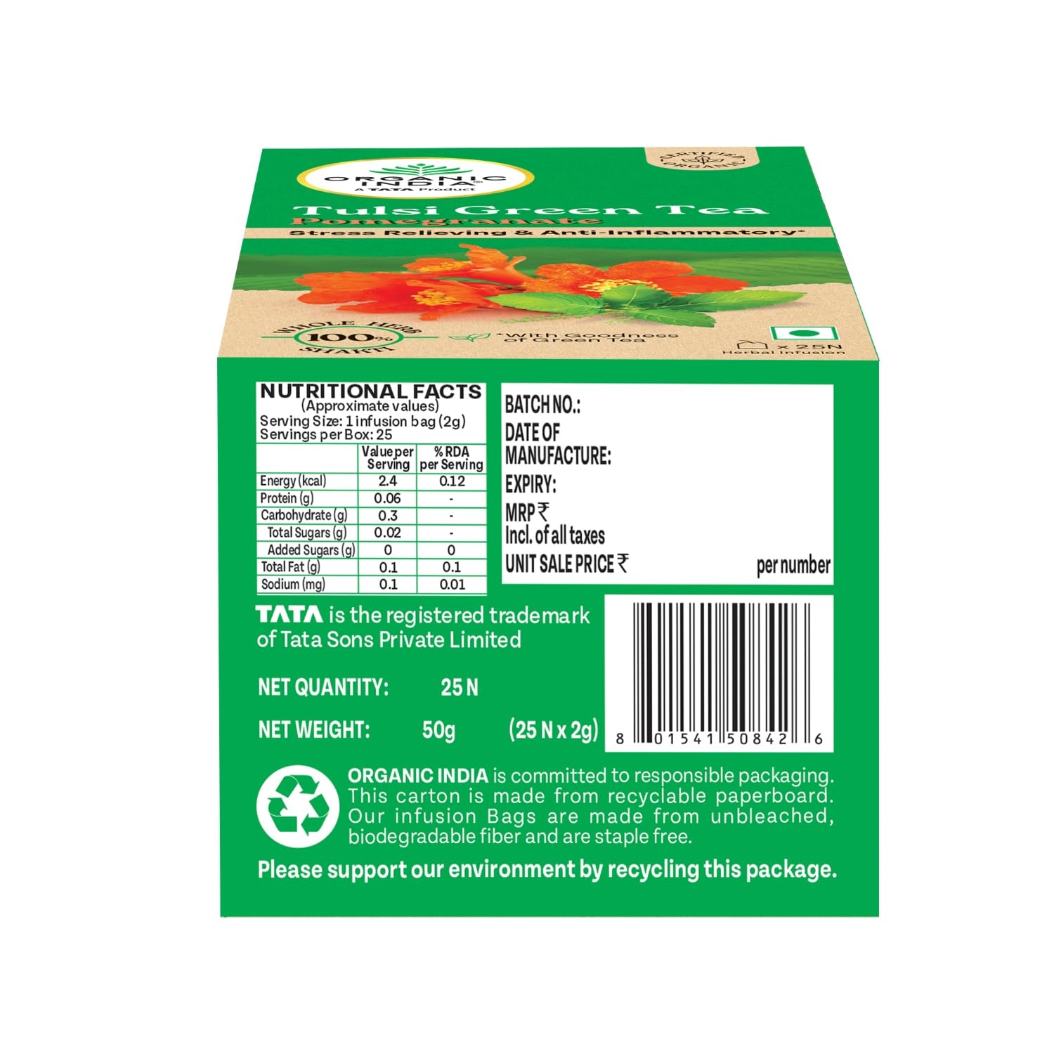 ORGANIC INDIA TULSI GREEN TEA POMEGRANATE - 25 TEA BAGS