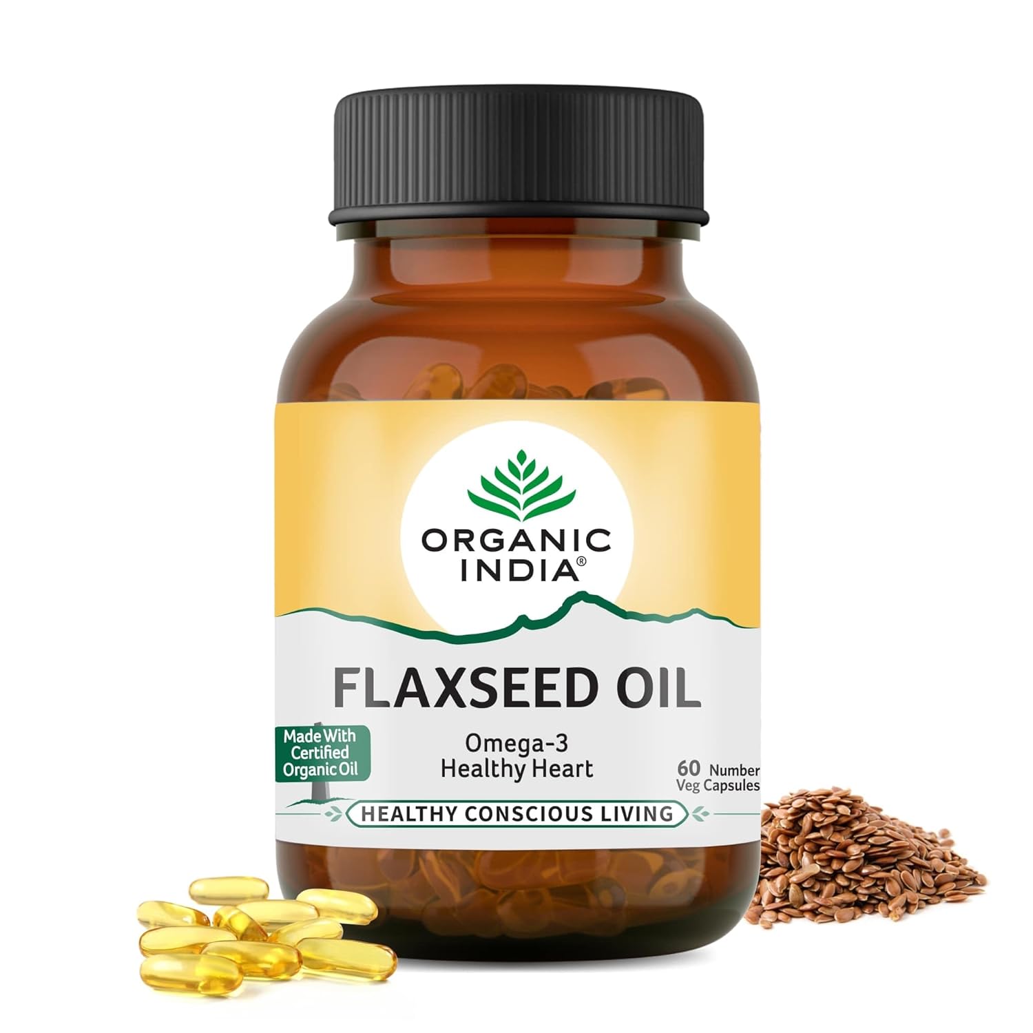 ORGANIC INDIA FLAXSEED OIL NATURAL OMEGA-3, HELPS REDUCE CHOLESTEROL, SUPPORTS HEALTHY SKIN 60 CAPSU
