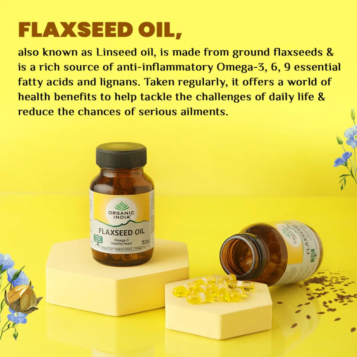 ORGANIC INDIA FLAXSEED OIL NATURAL OMEGA-3, HELPS REDUCE CHOLESTEROL, SUPPORTS HEALTHY SKIN 60 CAPSU