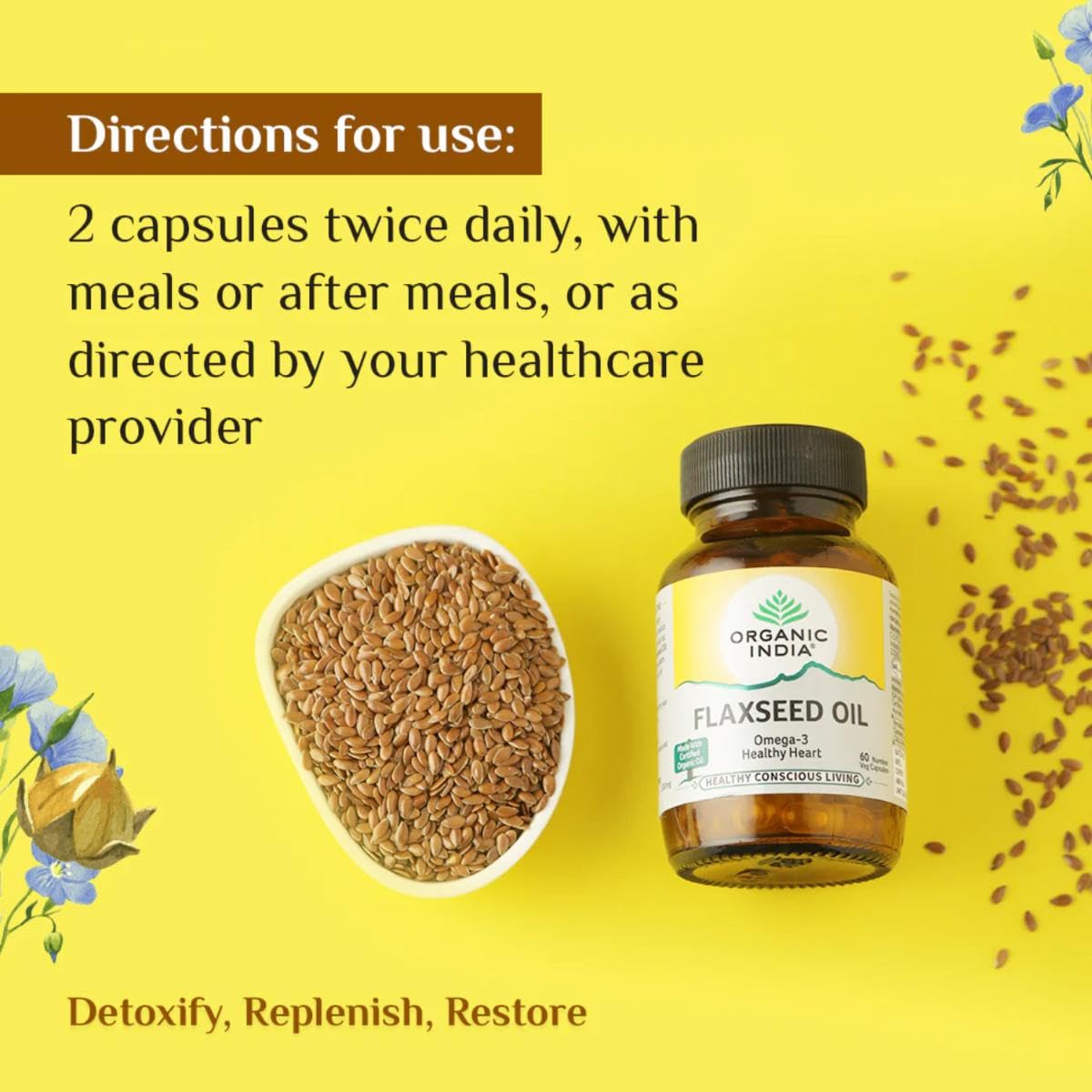 ORGANIC INDIA FLAXSEED OIL NATURAL OMEGA-3, HELPS REDUCE CHOLESTEROL, SUPPORTS HEALTHY SKIN 60 CAPSU