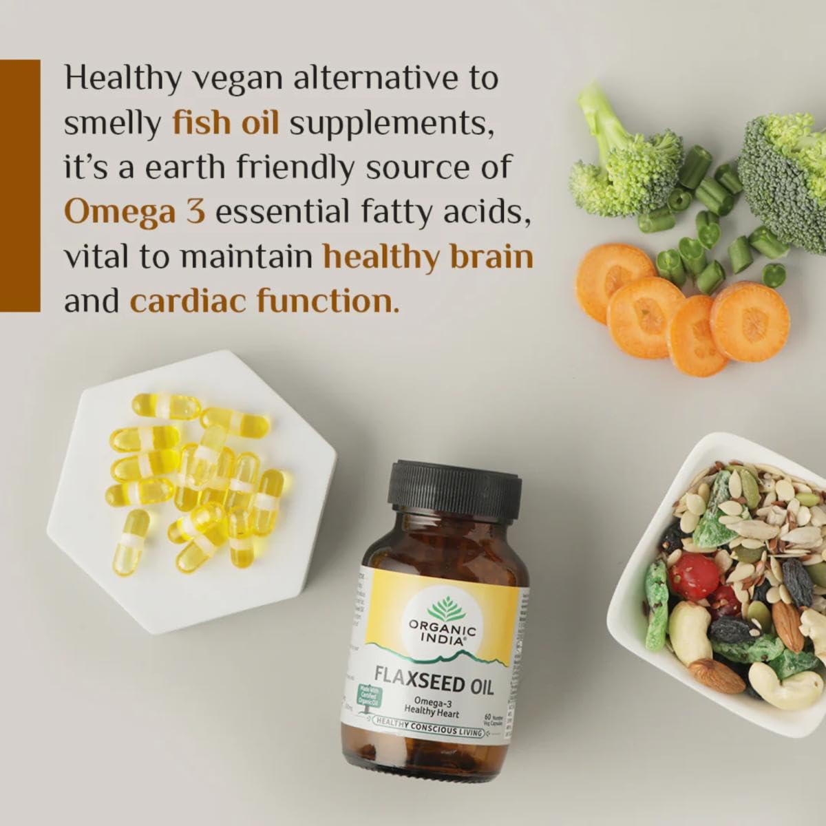 ORGANIC INDIA FLAXSEED OIL NATURAL OMEGA-3, HELPS REDUCE CHOLESTEROL, SUPPORTS HEALTHY SKIN 60 CAPSU