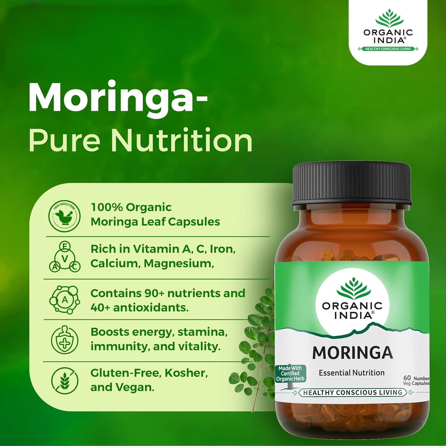 ORGANIC INDIA MORINGA ESSENTIAL NUTRITION -PACK OF 60 VEG CAPSULES